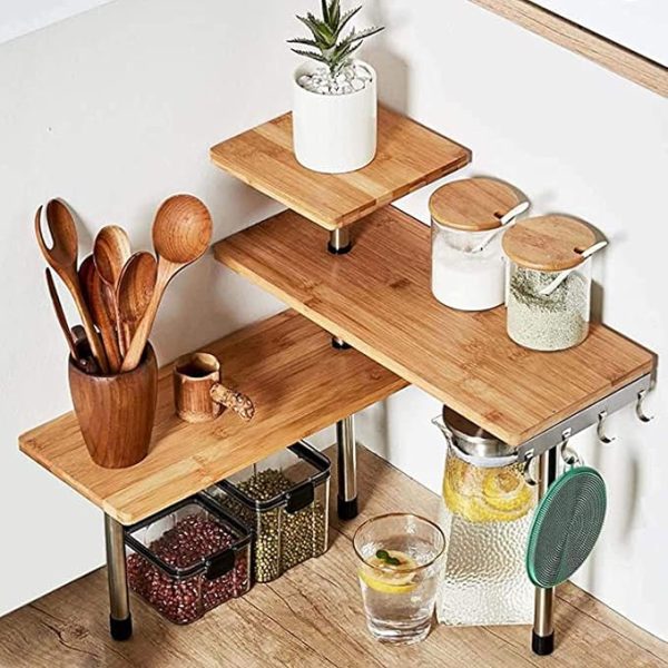 3 Tier Corner Shelf Bamboo & Metal Storage Spice